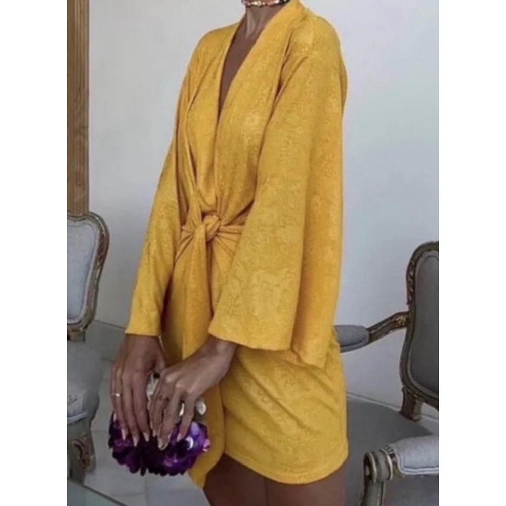 Zara Mustard Yellow Jacquard Floral Front Knot Plunging Mini Dress or Top Boho - Picture 6 of 8